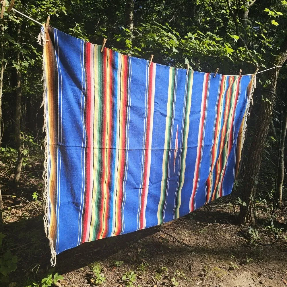 Vintage Handmade Mexican Serape Wool Blanket – Blue Multicolor Stripes, 45x80